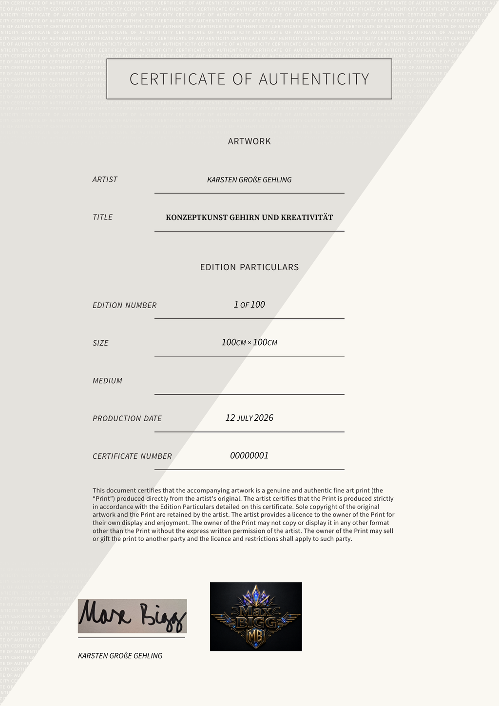 Konzeptkunst Gehirn und Kreativität — Certificate of Authenticity