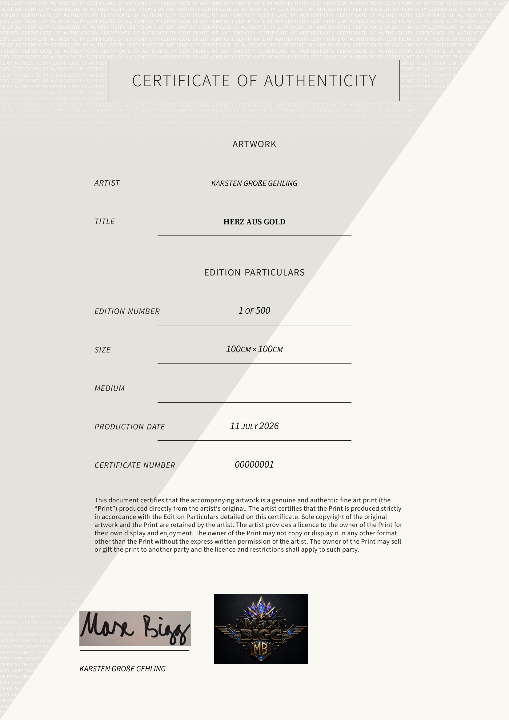 Herz aus Gold — Certificate of Authenticity